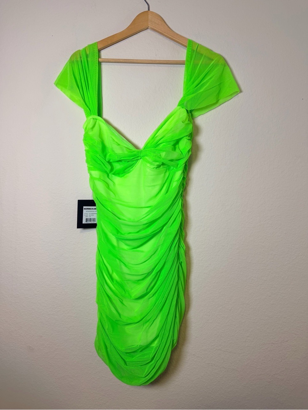 NWT Norma Kamali Walter Ruched Mesh Mini Dress Neon Green L - Picture 3 of 8